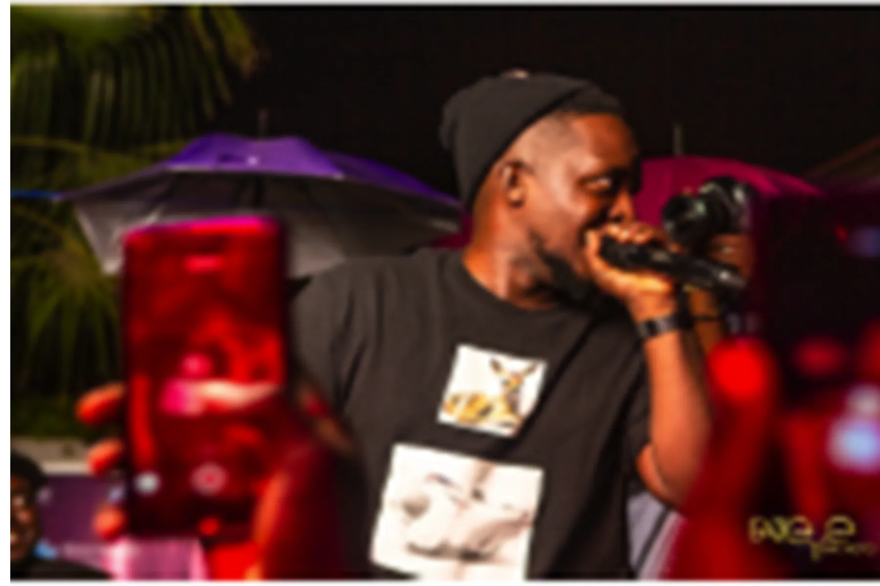 Performer speaking into a microphone at Croc City Block Party